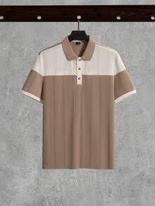 Manfinity CasualCool 男士時尚休閒通勤短袖 Polo 衫，男士針織提花上衣，男士圖案短袖 Polo 衫，男士拼接 Polo 衫，復古風格，老錢風，適合日常休閒、週末旅行、戶外活動、探險旅行、輕鬆工作環境或半正式場合，可用作男友/丈夫禮物、週年/生日禮物、派對、夏季假期、海灘穿著、夏威夷婚禮和春夏穿著 - 卡其色 - 查看 3