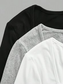 SHEIN EZwear 3件組秋季新款結飾方領女款T恤上衣，適合日常通勤、約會、派對，秋冬春夏皆宜，聖誕節、新年 - 彩色 - 查看 9