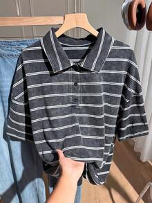 Comfortcana 大尺碼女款條紋水洗 Polo 領 T 恤，適合休閒穿著 - 黑色 - 查看 4