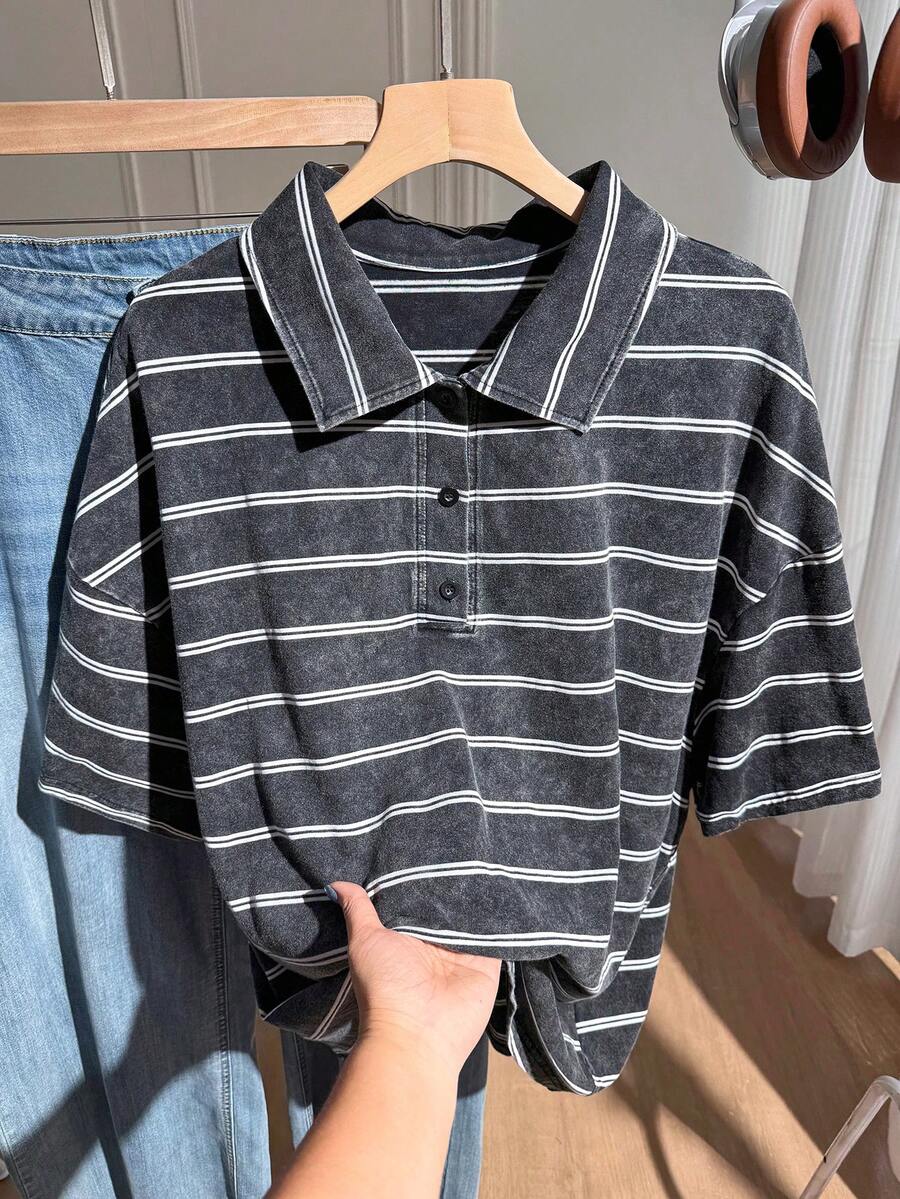 Comfortcana Plus Size Women's Striped Washed Polo Collar T-Shirt, Suitable For Casual Wear - Black - View 1