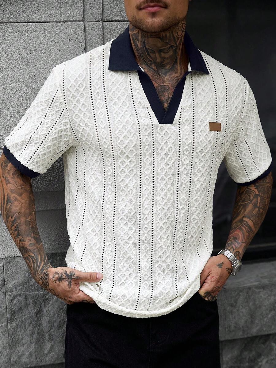 Manfinity CasualCool 男士休閒 INS 風格白色紋理布料日常街頭風拼色拼接 Polo 衫,送給男友/丈夫的禮物,週年紀念禮物 - 白色 - 查看 1