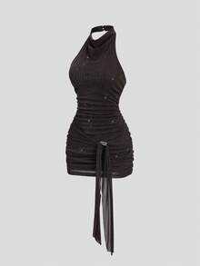 Sweetra Women's Solid Color Shiny Knot Design Elegant Halter Neck Dress - Brown - View 3