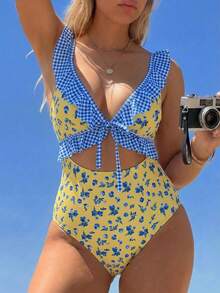 Swim Mod Plus Size Women Floral Print Plaid Patchwork One-Piece Swimsuit, Beach Vacation, Pool Party, Blue And Yellow Summer Sexy Elegant - Multicolor - View 3