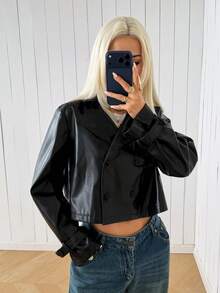 SHEIN EZwear 女款秋季時尚雙排扣短版夾克外套 - 黑色 - 查看 3