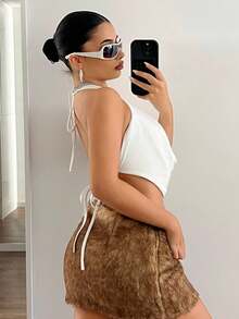 SHEIN ICON 領口綁帶純色露背深V垂領無袖性感背心上衣，跨年出遊穿搭上衣 - 白色 - 查看 4