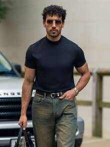 YOUESAWY YOUESAWY Camiseta de punto de manga corta con cuello alto de unicolor para hombres, ideal para el verano - Negro - Ver 6