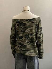 SHEIN EZwear 女款休閒衛衣，迷彩印花，露肩衛衣，女款秋冬服飾，街頭風，適合日常通勤、約會、聚會、秋冬、夏季、聖誕節、新年、感恩節、派對、婚禮、海灘、畢業典禮，優雅、休閒、外出 - 彩色 - 查看 4