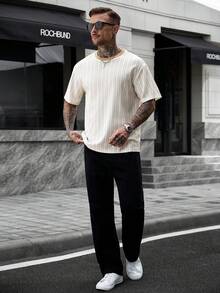Manfinity CasualCool 男士休閒 INS 風格對比條紋紋理布料日常街頭風男友丈夫禮物週年紀念禮物夏季寬鬆版型 T 恤 - 彩色 - 查看 7