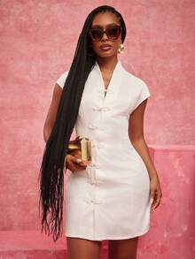 NYA SZN Dress Mini Length Short Sleeve Button Front Everyday Brunch White Outfits For Women - White - View 1
