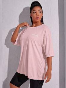 SHEIN Rhythm Era 休閒百搭大尺碼黑色前胸字母印花運動上衣 - 粉色 - 查看 1