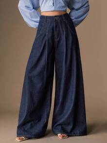 CielaLinda Women's High Waist Pleated Wide Leg Loose Casual Versatile Denim Jeans Everyday Navy Blue Summer - Blue - View 5