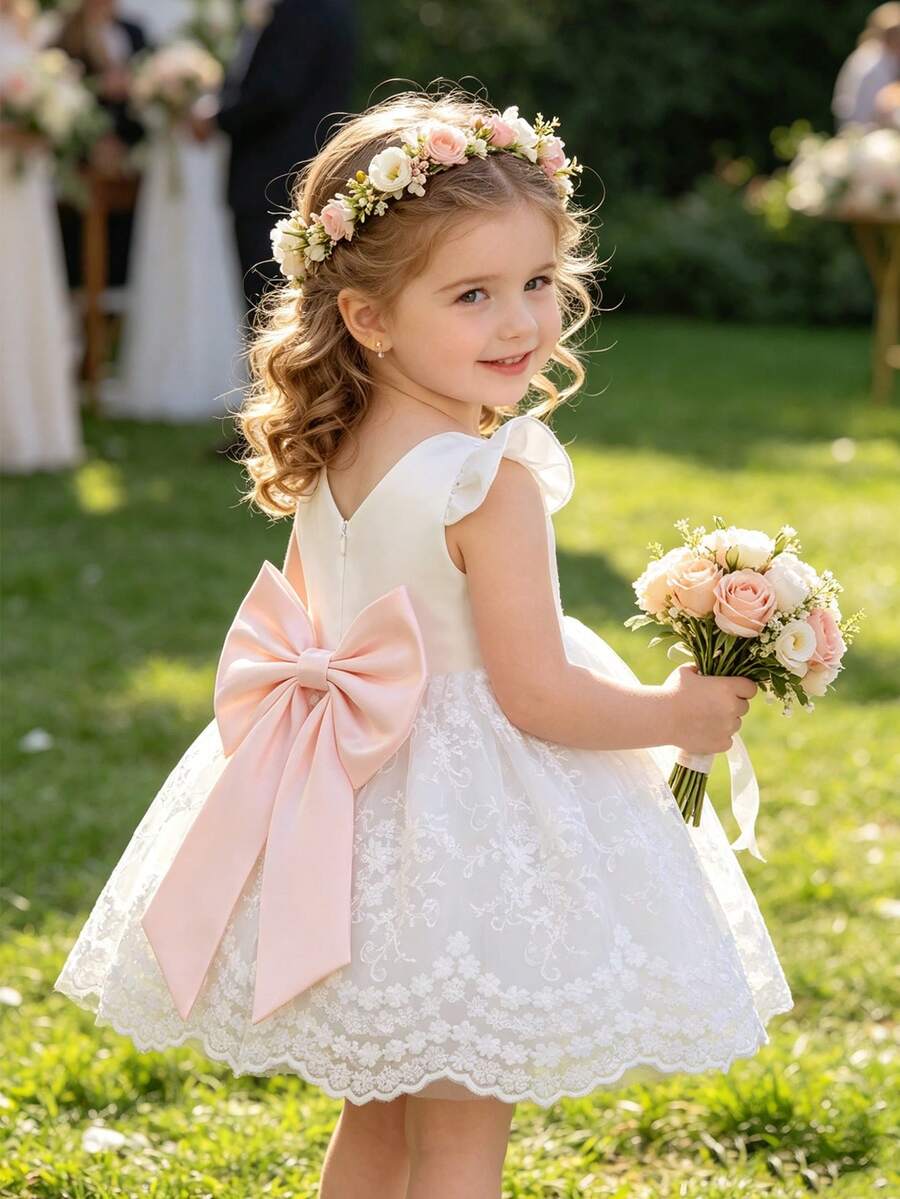 SHEIN Glamorique Kids 女嬰白色緞面刺繡蕾絲短袖洋裝，附可拆式蝴蝶結與蓬蓬裙設計，適合周歲生日派對、生日派對、婚禮花童、晚宴、高端親子活動、家庭聚會、親子拍照、畢業舞會等重要場合，可愛嬰兒公主裙，適合夏季日常與度假穿著
