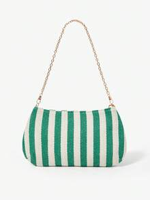 Viva Strut Ladies' Fashionable Simple Vacation Summer Green And White Stripes Yellow Sequins Lemon Decorative Fringed Metal Chain Shoulder Bag, Vacation Seaside - green and white - View 3