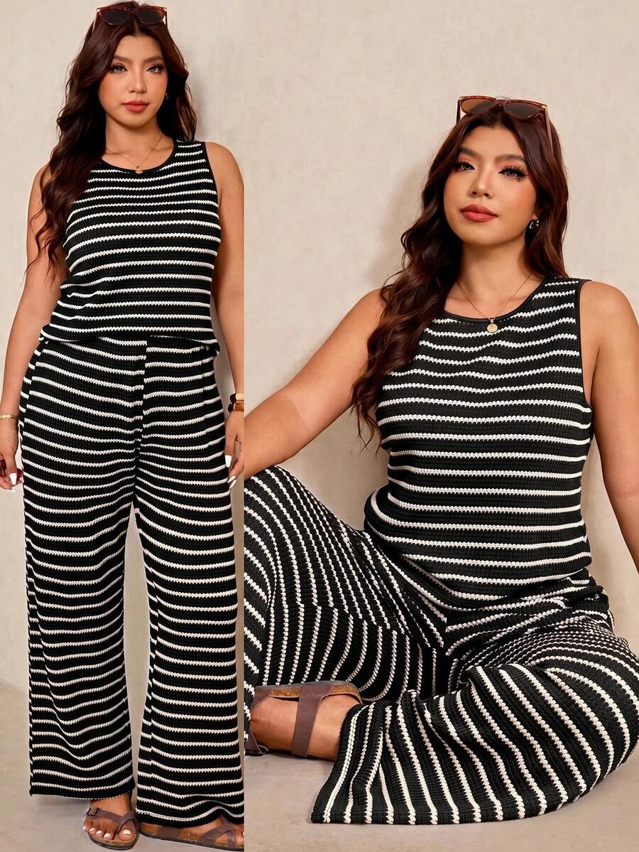 Elaquor Plus Size Women's Round Neck Striped Colorblock Top And Wide Leg Pants Casual Daily 2-Piece Set - Black and White - View 1