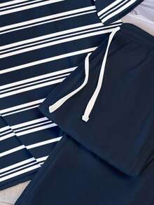 OldRiff 男士休閒條紋印花短袖T恤與長褲居家服套裝 - 藍色 - 查看 4