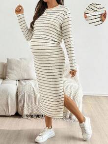 SHEIN 孕婦條紋圓領長袖上衣與可調腰側開衩裙 2件套 拍照用 秋季休閒簡約常規款 - 黑與白 - 查看 2