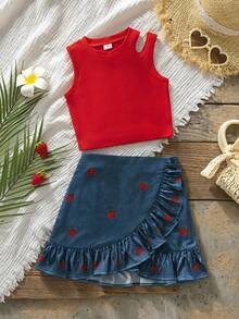 Emery Rose Kids Emery Rose Kids 女童純色圓領鏤空設計背心上衣與草莓圖案荷葉邊裙擺套裝 - 紅色 - 查看 9