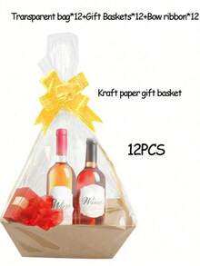 6/12 Piece Gift Basket Set, Multiple Colors Available,Christmas Hollow Gift Baskets, Including Bows, Plastic Bags, And Kraft Paper Market Tray Cardboard Baskets For DIY  Holiday Gift Wrapping, Shelf-Style Gift Baskets, Suitable For Halloween - Multicolor - View 20