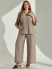 Chikora Plus Size Summer Brown Open Front Two Pieces Set, Brown Two Pieces Set, Office Wear, Suitable For Multiple Occasions - Multicolor - View 9