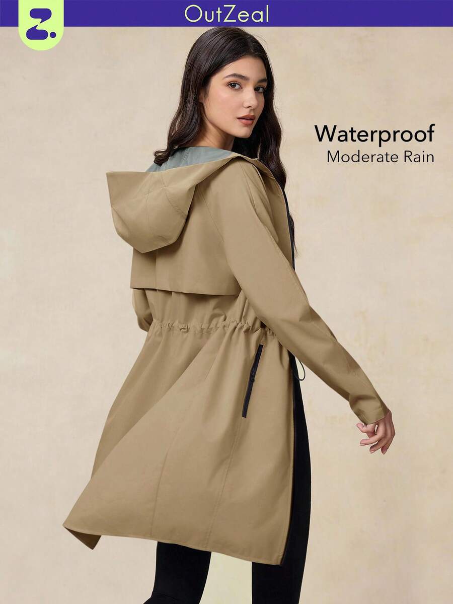 OutZeal Women Water-Resistant 3-Layer Tech Fabric Drawstring Waist Hood Long Outdoor Shell Jacket Winter Fall Camping Hiking - Khaki - View 1