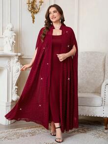 Reflora Plus Size Minimalist Solid Color Spaghetti Strap Dress And Long Shawl 2 Pieces Set - Burgundy - View 1