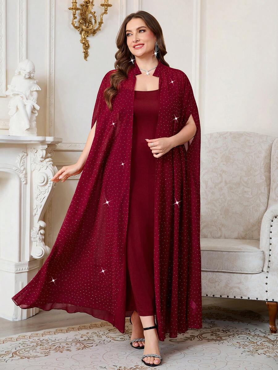 Reflora Plus Size Minimalist Solid Color Spaghetti Strap Dress And Long Shawl 2 Pieces Set - Burgundy - View 1
