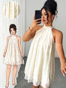SHEIN Clasi Plus Size Chiffon Jacquard 3D Embroidered Fabric High Neck Sleeveless Asymmetrical Patchwork Ruched Umbrella Hem Doll Style Knee Length Dress Elegant For Outing Date Party Gathering Vacation - Apricot - View 7