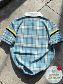 NEOREFINED 男士經典條紋藍白格紋對比領 Los Angeles 文字 Polo 衫，夏季首選 - 彩色 - 查看 2