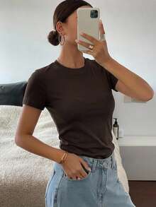 DAZY 1pc Women's Solid Color Crew Neck Fitted Short Sleeve T-Shirt - Coffee Brown - View 10