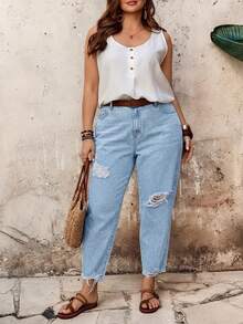EMERY ROSE EMERY ROSE Plus Size Women's Pocket Distressed Tapered Leg Jeans - Light Wash - View 3