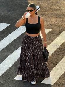 Muchica Coffee Brown Polka Dot Plus Size Women Skirt - Coffee Brown - View 5