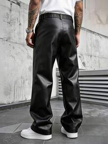 SLATEMANN Men's Black PU Leather Straight Leg Casual Fashion Versatile Pants - Black - View 2