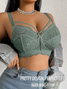 DesireSculpt Plus Size Lace Wire-Free Bra, 1pc - Army Green - View 6