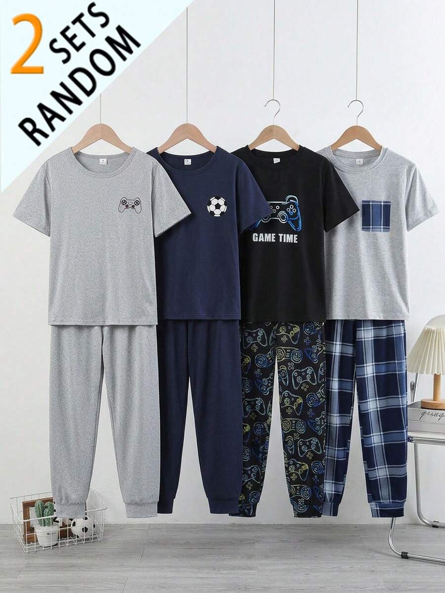 Boys' 4-Piece Loungewear Set: Simple Gentleman Plaid Short Sleeve Solid Color Pocket Top + Holographic Game Console Short Sleeve Long Pants - Multicolor - View 1