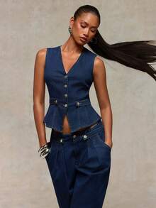 Normani Summer Festival Party Night Out Prom Graduation Casual Vacation Country Y2k Women's Sleeveless Denim Top Navy Blue - Dark Wash - View 2