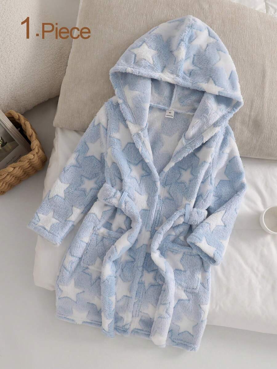 小男孩睡衣保暖柔軟親膚毛絨星星印花連帽設計綁腰浴袍 - 淺藍色 - 查看 1