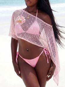 Amplova 3pcs Women's Swimwear Set: Floral Pink Tropical Asymmetric-Shoulder Bikini Top, Matching Cover-Up, Cute Mini Vacation Beach Summer - Pink - View 5