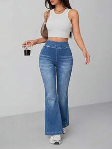 SHEIN PETITE Petite Size Women's Wide Elastic High Waist High Stretch Dusty Blue Lifting Flare Leg Jeans, Multi Pocket Casual Everyday Summer Streetwear Pant - Medium Wash - View 5