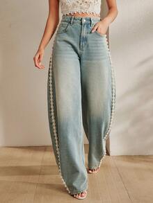 Anewsta Faux Pearl Washed Blue Vintage Crescent Moon Loose Relaxed Versatile Women's Jeans - Blue - View 6