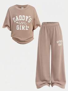 Young Girl Summer Family Matching Casual Letter Print 2-Piece Set, Loose Short Sleeve T-Shirt & Pleated Wide Leg Pants Knit Tracksuit, Khaki Comfortable - Khaki - View 3