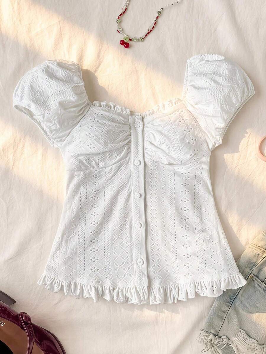 SHEIN 青少年女孩不對稱肩緹花休閒時尚百搭親子上衣 - 白色 - 查看 1