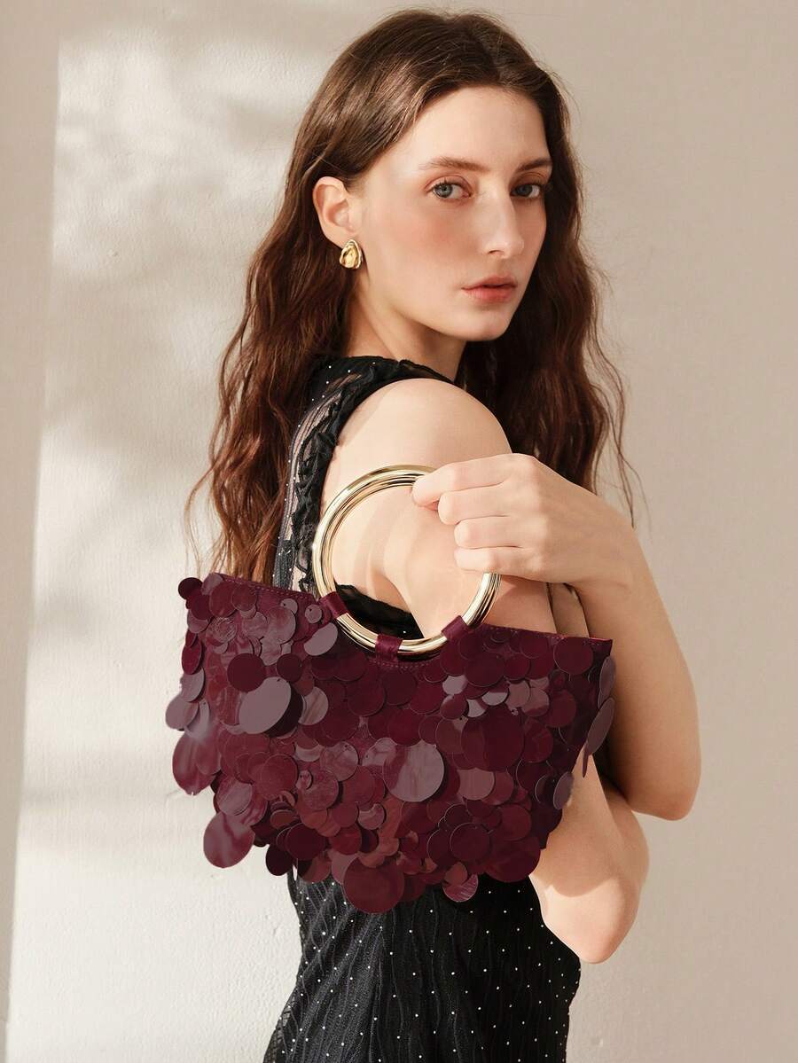 MOTF WOMEN'S FASHION BURGUNDY SEQUINED HANDBAG, ROUND HANDLE, EXQUISITE SHINY SIMPLE SEMI-ROUND BAG, SUITABLE FOR DATING AND PARTIES, SUMMER VACATION, TRAVEL, SEASIDE, BEACH, BOHEMIAN, MATCHING - Burgundy - View 1