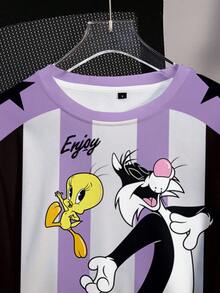LOONEY TUNES X SHEIN Sudadera de manga larga con cuello redondo, estampado de bloques de color a rayas y patrón de dibujos animados para mujer - Blanco - Ver 3