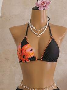 Bellisia 3pcs/Set Baju Renang Bikini Sarung Jala Motif Leopard Seksi Wanita Model Halter Neck dengan Cup Segitiga - Hitam - View 3