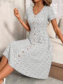 SHEIN Clasi V领纽扣红色波点收腰女式连衣裙，春季服装，情人节连衣裙 - 黑與白 - 查看 3
