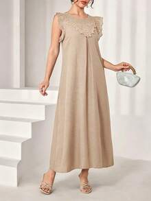 SHEIN Najma 女款圓領花卉蕾絲拼接短袖阿拉伯風洋裝 - 卡其色 - 查看 6