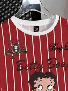 Betty Boop x SHEIN SHEIN EZwear 休閒圓領短袖寬鬆女款T恤 紅白條紋印花街頭風 日常外出夏季穿搭 - 彩色 - 查看 14