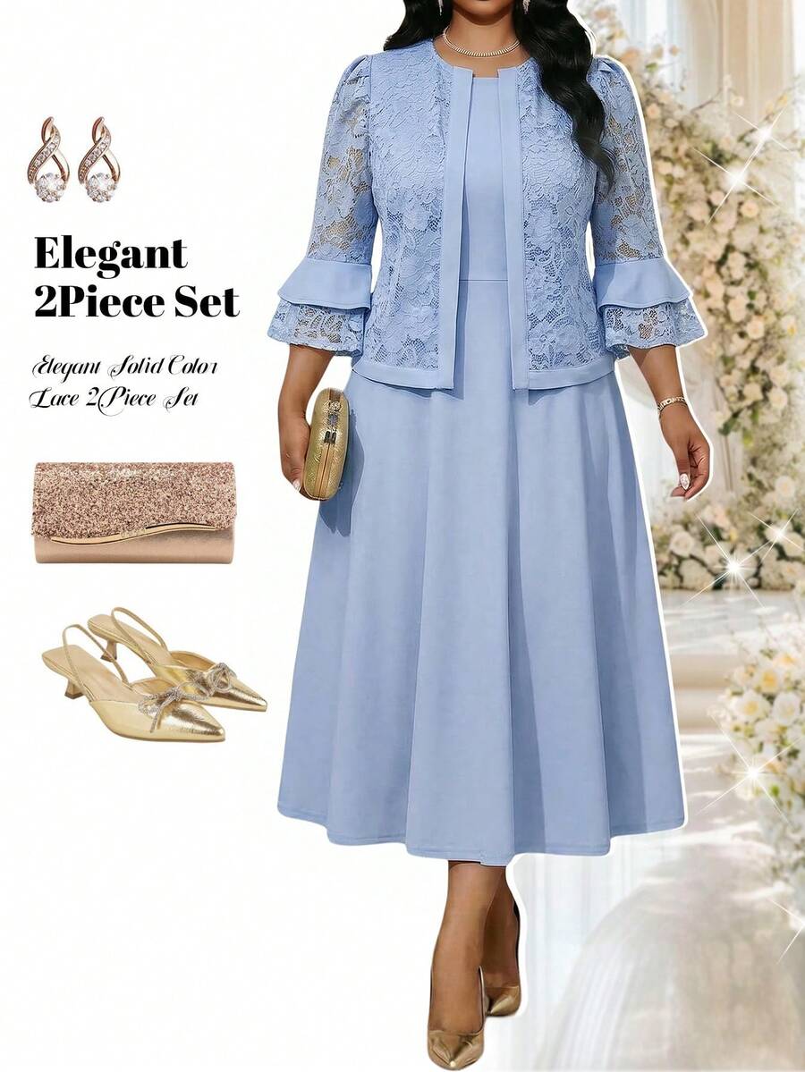 Fleurora Elegantes zweiteiliges Damen-Set in Große Größen mit Spitzen-Glockenärmel-Jacke und Kleid - Blau - Übersicht 1