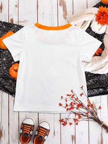 SHEIN Playful Pals 中性嬰兒 My 1st Halloween 可愛卡通幽靈圖案圓領對比色短袖T恤 休閒幼兒秋季節日上衣 0-3Y - 白色 - 查看 2