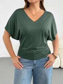 Shapeblank Große Größen Sommer Lässig Einfarbiges T-Shirt mit Fledermausärmeln - Dunkelgrün - Übersicht 6